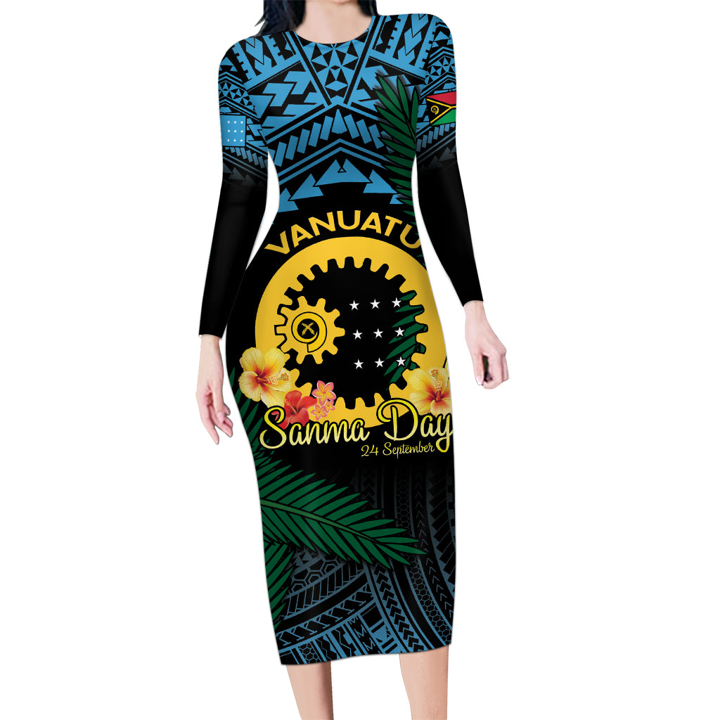 Personalised Sanma Day Long Sleeve Bodycon Dress Vanuatu Provinces Polynesian Pattern