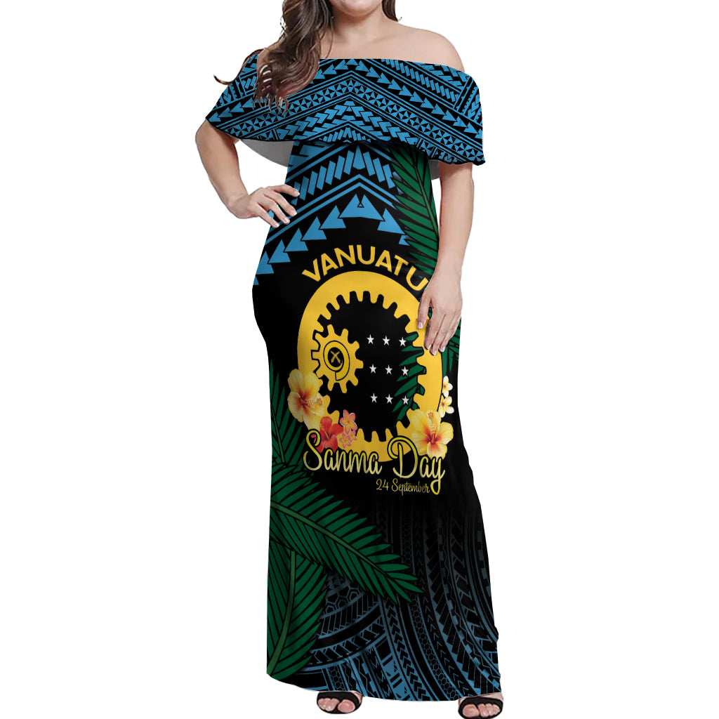 Personalised Sanma Day Off Shoulder Maxi Dress Vanuatu Provinces Polynesian Pattern LT14 Women Black - Polynesian Pride