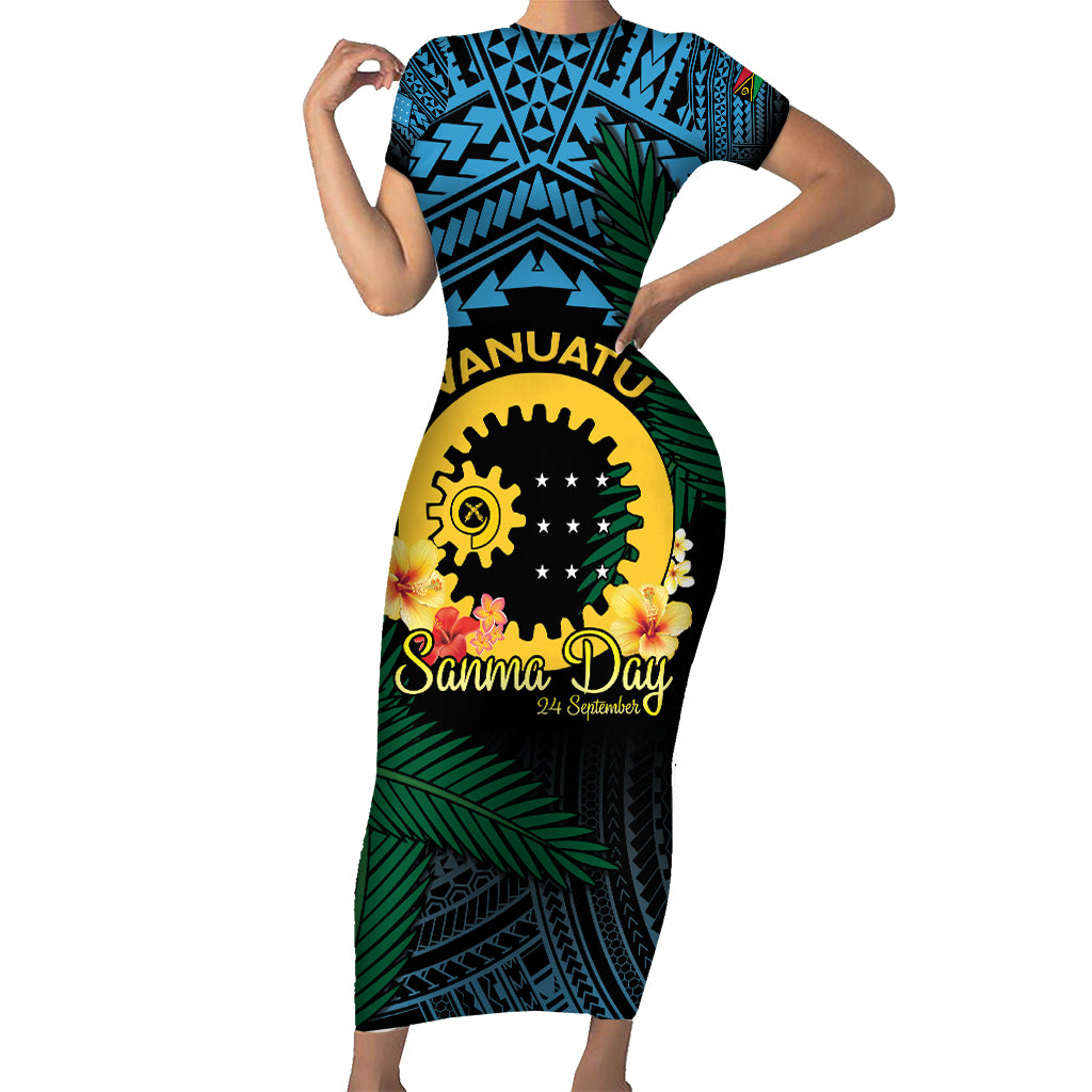 Personalised Sanma Day Short Sleeve Bodycon Dress Vanuatu Provinces Polynesian Pattern