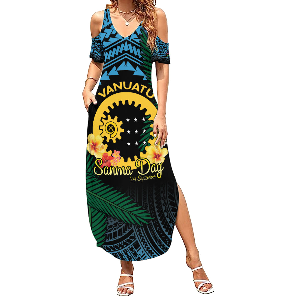 Personalised Sanma Day Summer Maxi Dress Vanuatu Provinces Polynesian Pattern LT14 Women Black - Polynesian Pride