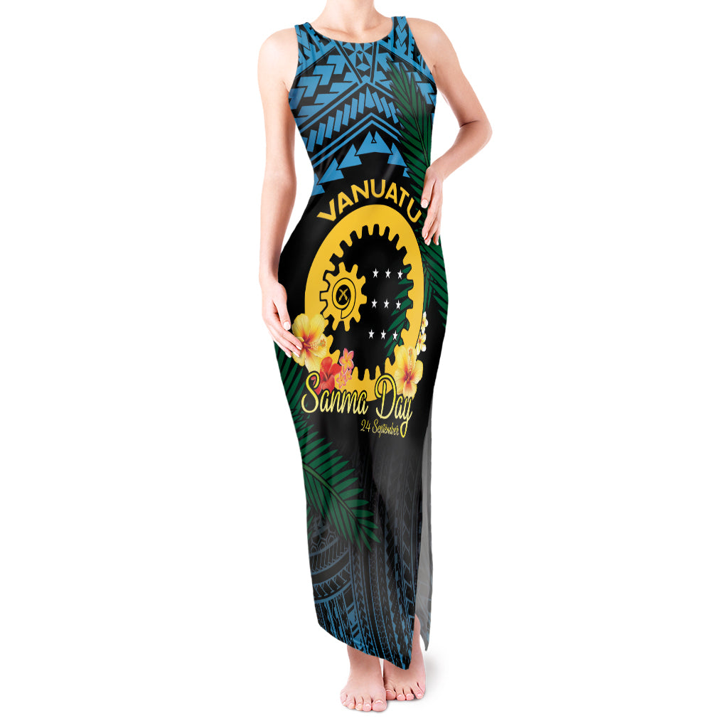 Personalised Sanma Day Tank Maxi Dress Vanuatu Provinces Polynesian Pattern LT14 Women Black - Polynesian Pride