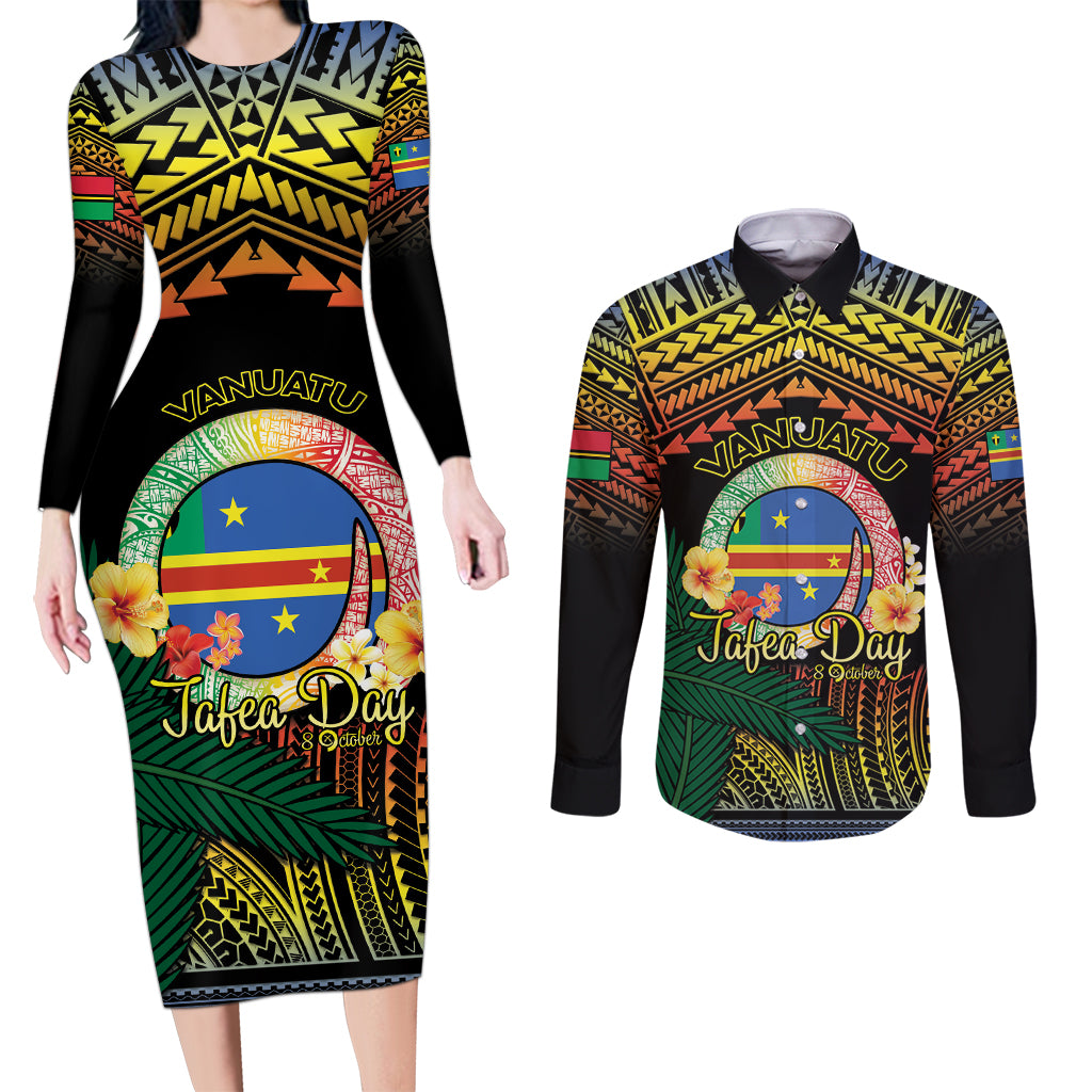 Personalised Tafea Day Couples Matching Long Sleeve Bodycon Dress and Long Sleeve Button Shirt Vanuatu Provinces Polynesian Pattern