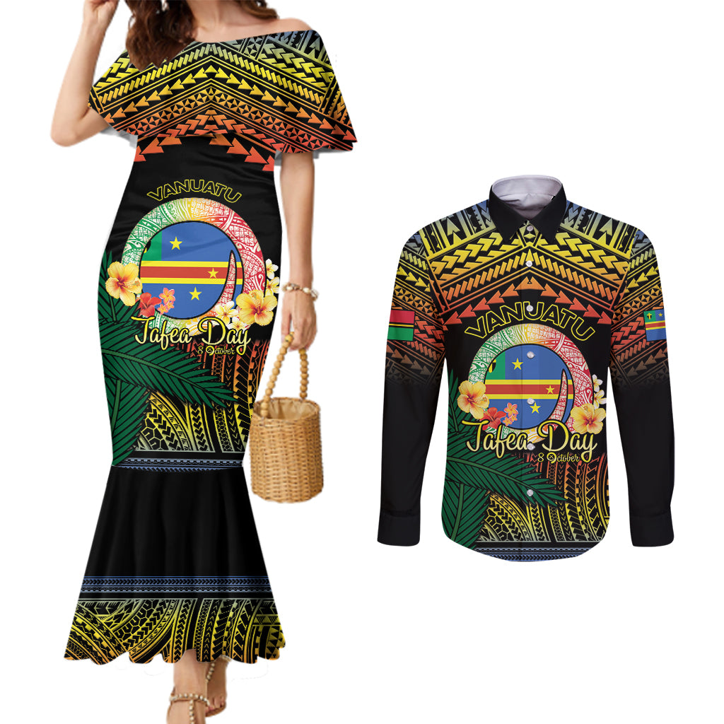 Personalised Tafea Day Couples Matching Mermaid Dress and Long Sleeve Button Shirt Vanuatu Provinces Polynesian Pattern LT14 Black - Polynesian Pride