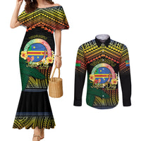Personalised Tafea Day Couples Matching Mermaid Dress and Long Sleeve Button Shirt Vanuatu Provinces Polynesian Pattern LT14 Black - Polynesian Pride
