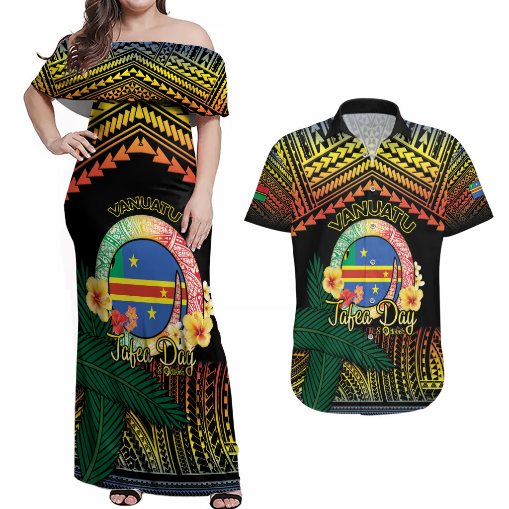 Personalised Tafea Day Couples Matching Off Shoulder Maxi Dress and Hawaiian Shirt Vanuatu Provinces Polynesian Pattern