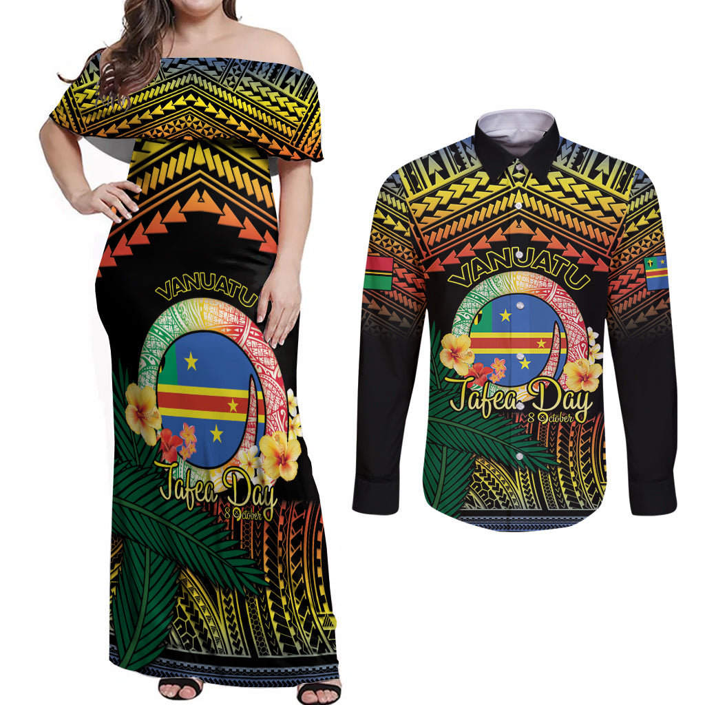 Personalised Tafea Day Couples Matching Off Shoulder Maxi Dress and Long Sleeve Button Shirt Vanuatu Provinces Polynesian Pattern