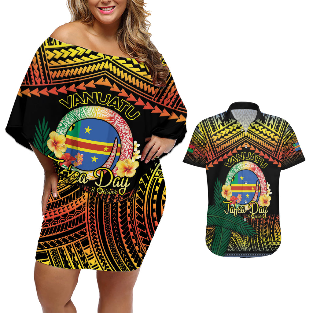 Personalised Tafea Day Couples Matching Off Shoulder Short Dress and Hawaiian Shirt Vanuatu Provinces Polynesian Pattern LT14 Black - Polynesian Pride