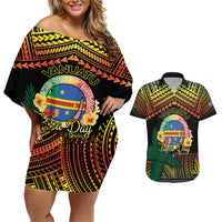 Personalised Tafea Day Couples Matching Off Shoulder Short Dress and Hawaiian Shirt Vanuatu Provinces Polynesian Pattern LT14 Black - Polynesian Pride