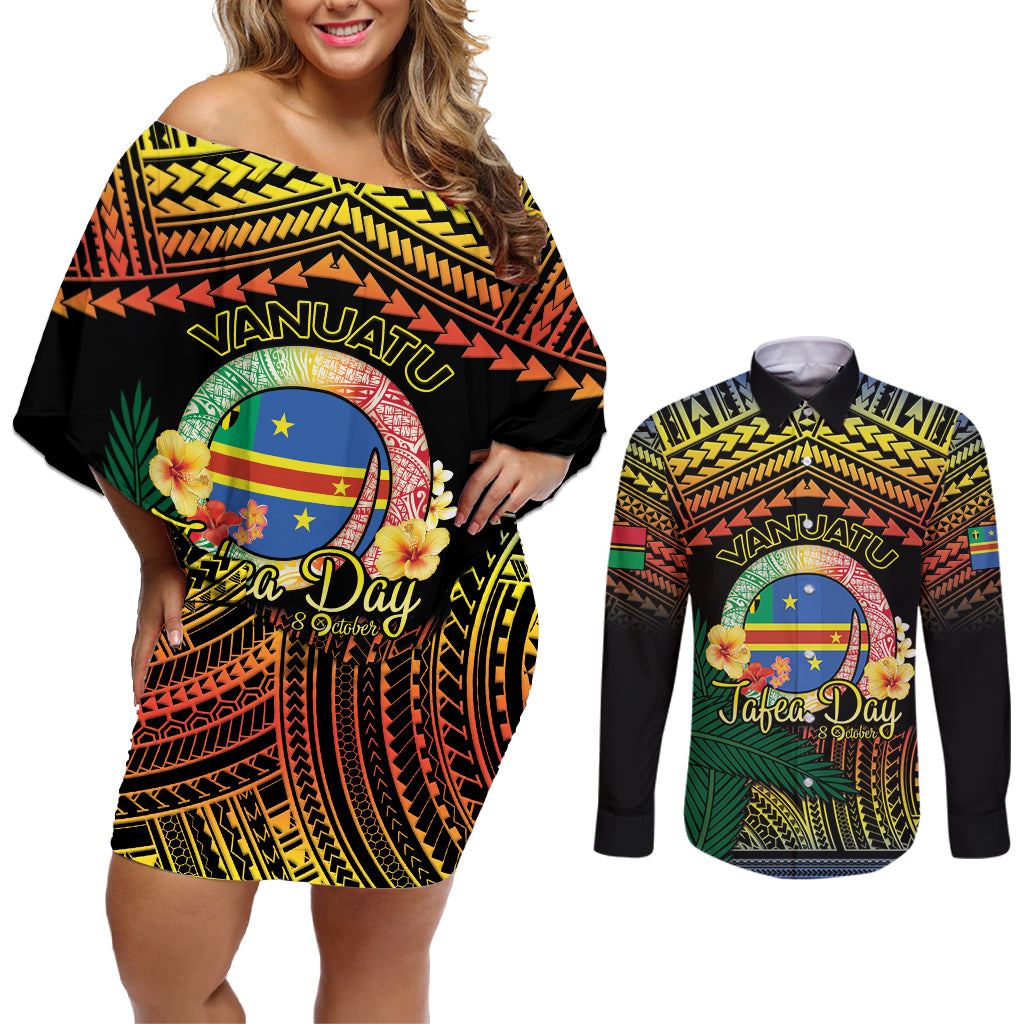 Personalised Tafea Day Couples Matching Off Shoulder Short Dress and Long Sleeve Button Shirt Vanuatu Provinces Polynesian Pattern LT14 Black - Polynesian Pride