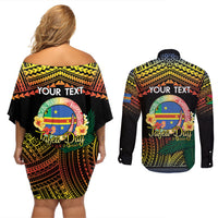 Personalised Tafea Day Couples Matching Off Shoulder Short Dress and Long Sleeve Button Shirt Vanuatu Provinces Polynesian Pattern LT14 - Polynesian Pride