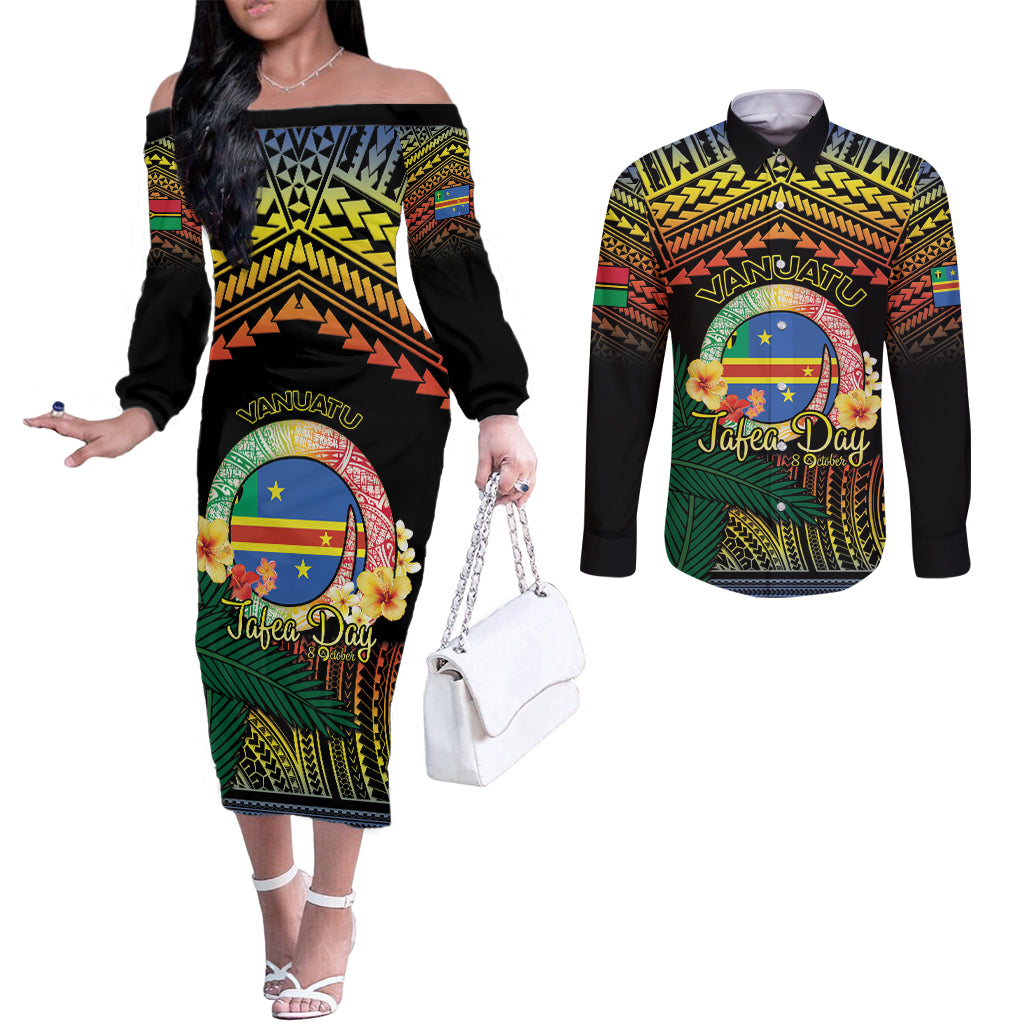 Personalised Tafea Day Couples Matching Off The Shoulder Long Sleeve Dress and Long Sleeve Button Shirt Vanuatu Provinces Polynesian Pattern LT14 Black - Polynesian Pride