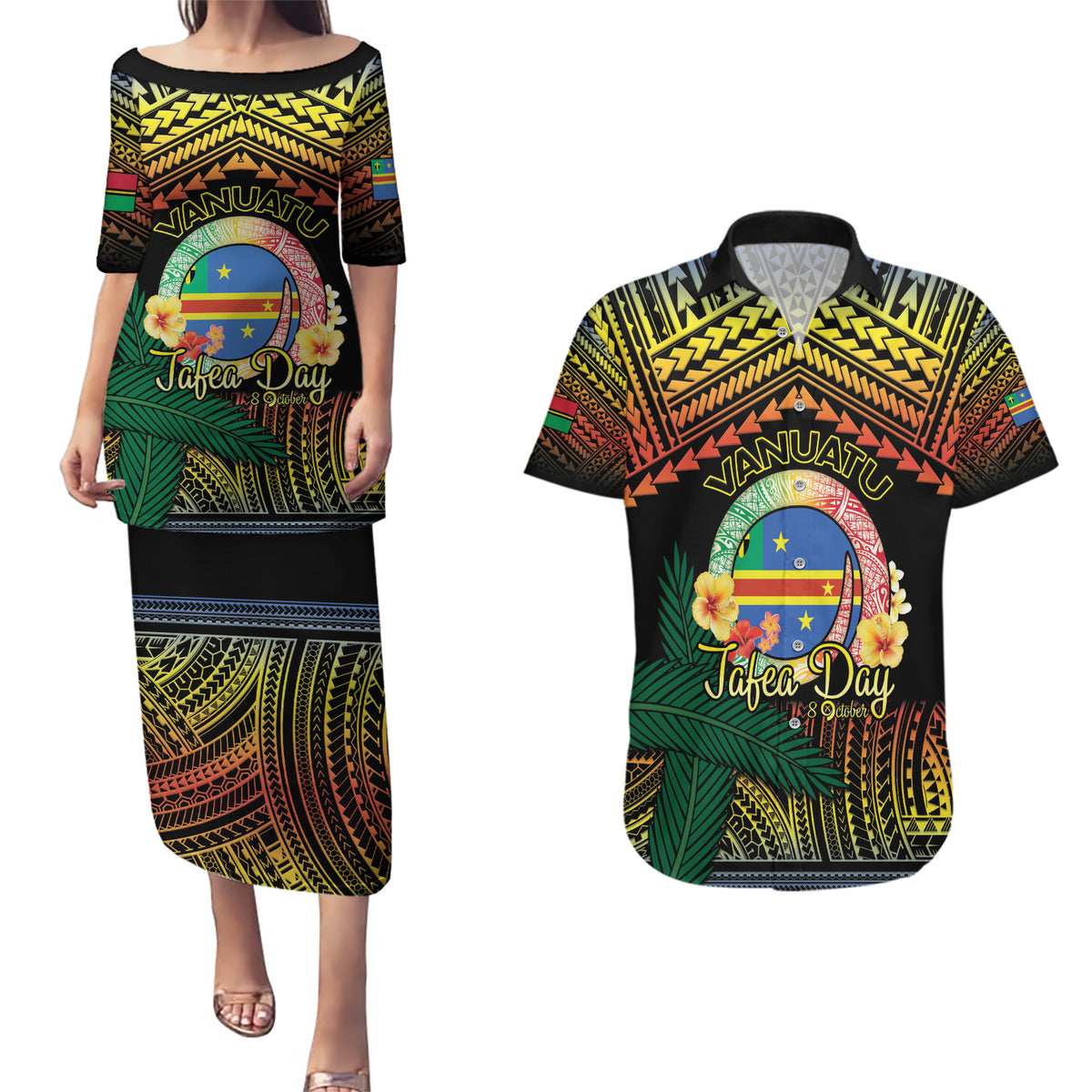 Personalised Tafea Day Couples Matching Puletasi and Hawaiian Shirt Vanuatu Provinces Polynesian Pattern LT14 Black - Polynesian Pride