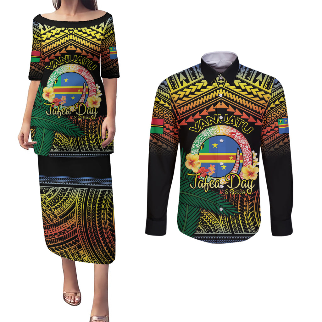 Personalised Tafea Day Couples Matching Puletasi and Long Sleeve Button Shirt Vanuatu Provinces Polynesian Pattern