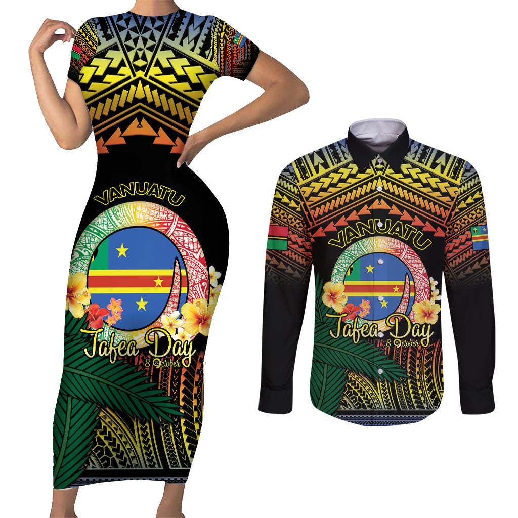 Personalised Tafea Day Couples Matching Short Sleeve Bodycon Dress and Long Sleeve Button Shirt Vanuatu Provinces Polynesian Pattern LT14 Black - Polynesian Pride