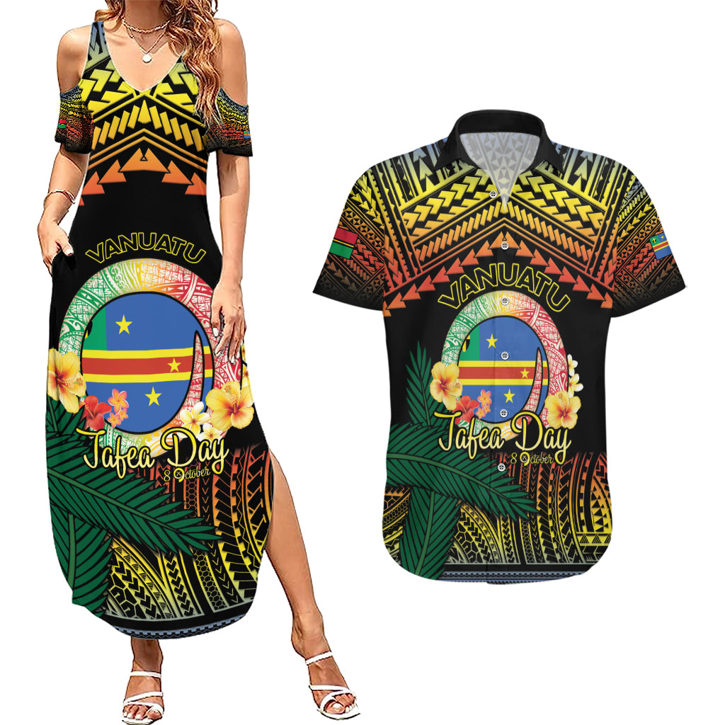 Personalised Tafea Day Couples Matching Summer Maxi Dress and Hawaiian Shirt Vanuatu Provinces Polynesian Pattern LT14 Black - Polynesian Pride