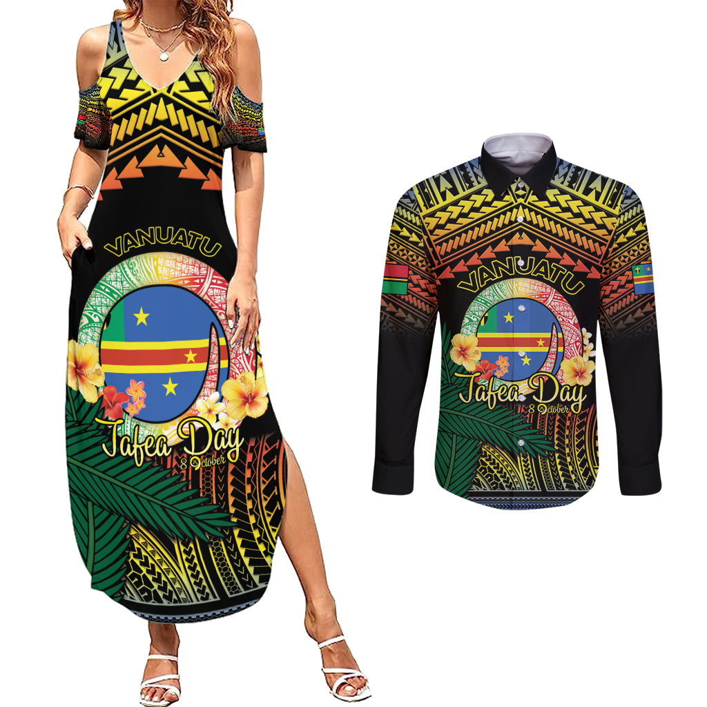 Personalised Tafea Day Couples Matching Summer Maxi Dress and Long Sleeve Button Shirt Vanuatu Provinces Polynesian Pattern LT14 Black - Polynesian Pride