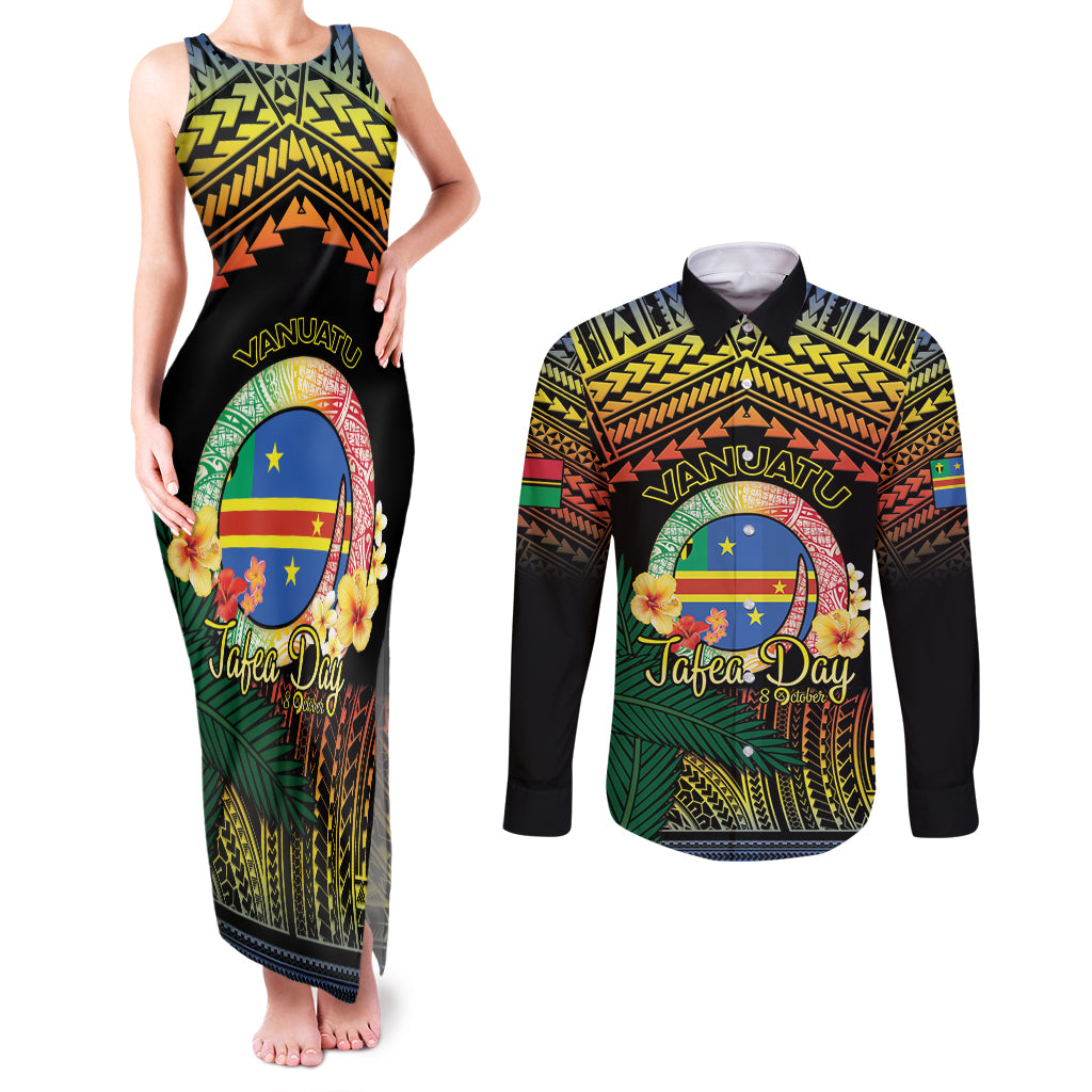 Personalised Tafea Day Couples Matching Tank Maxi Dress and Long Sleeve Button Shirt Vanuatu Provinces Polynesian Pattern LT14 Black - Polynesian Pride