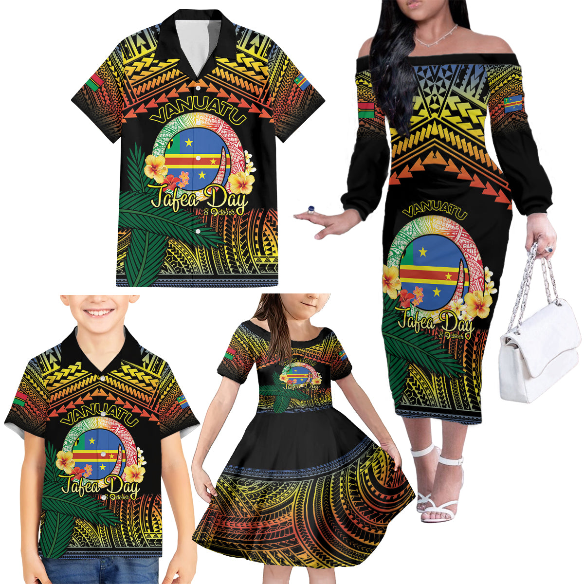 Personalised Tafea Day Family Matching Off The Shoulder Long Sleeve Dress and Hawaiian Shirt Vanuatu Provinces Polynesian Pattern LT14 - Polynesian Pride