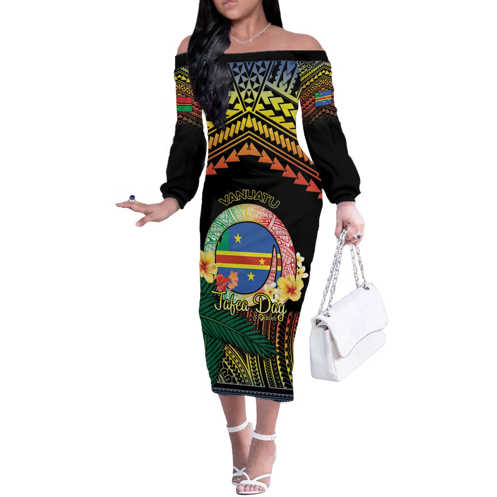 Personalised Tafea Day Off The Shoulder Long Sleeve Dress Vanuatu Provinces Polynesian Pattern