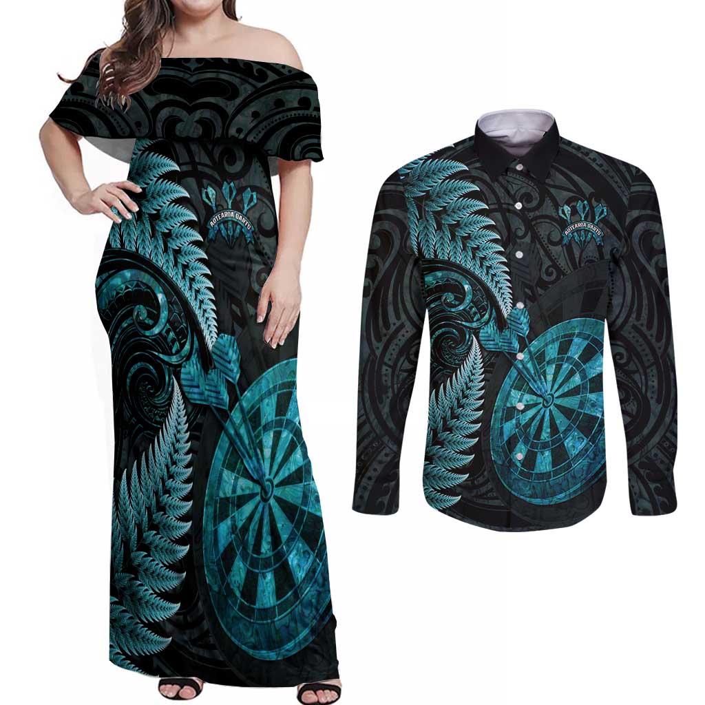 Personalised New Zealand Darts Couples Matching Off Shoulder Maxi Dress and Long Sleeve Button Shirt Happiness Is A Tight Threesome Maori Paua Shell LT14 Turquoise - Polynesian Pride