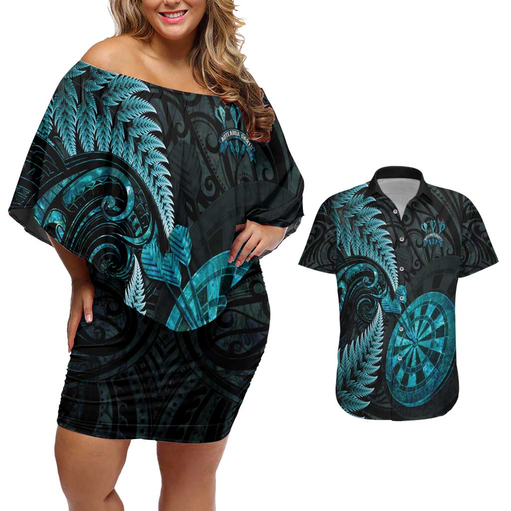 Personalised New Zealand Darts Couples Matching Off Shoulder Short Dress and Hawaiian Shirt Happiness Is A Tight Threesome Maori Paua Shell LT14 Turquoise - Polynesian Pride