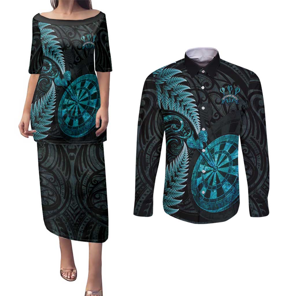 Personalised New Zealand Darts Couples Matching Puletasi and Long Sleeve Button Shirt Happiness Is A Tight Threesome Maori Paua Shell LT14 Turquoise - Polynesian Pride