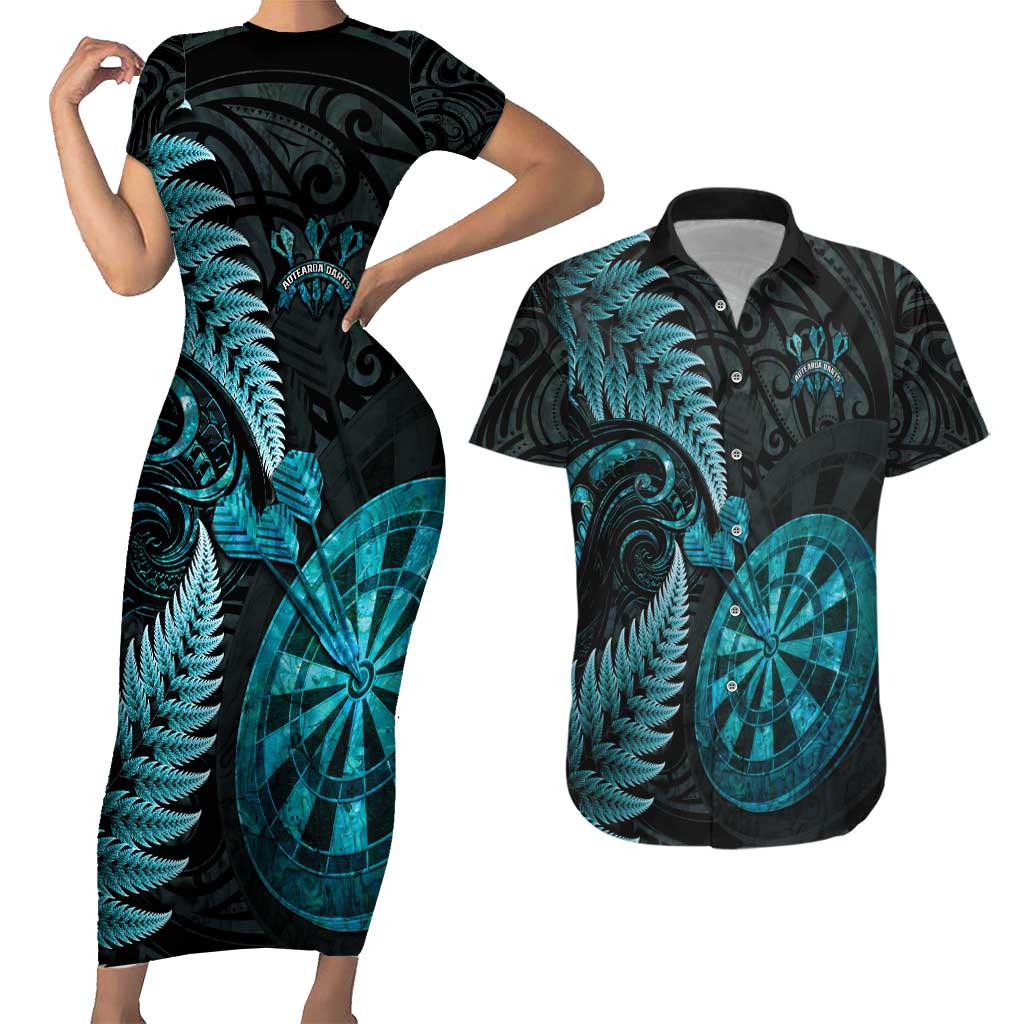 Personalised New Zealand Darts Couples Matching Short Sleeve Bodycon Dress and Hawaiian Shirt Happiness Is A Tight Threesome Maori Paua Shell LT14 Turquoise - Polynesian Pride