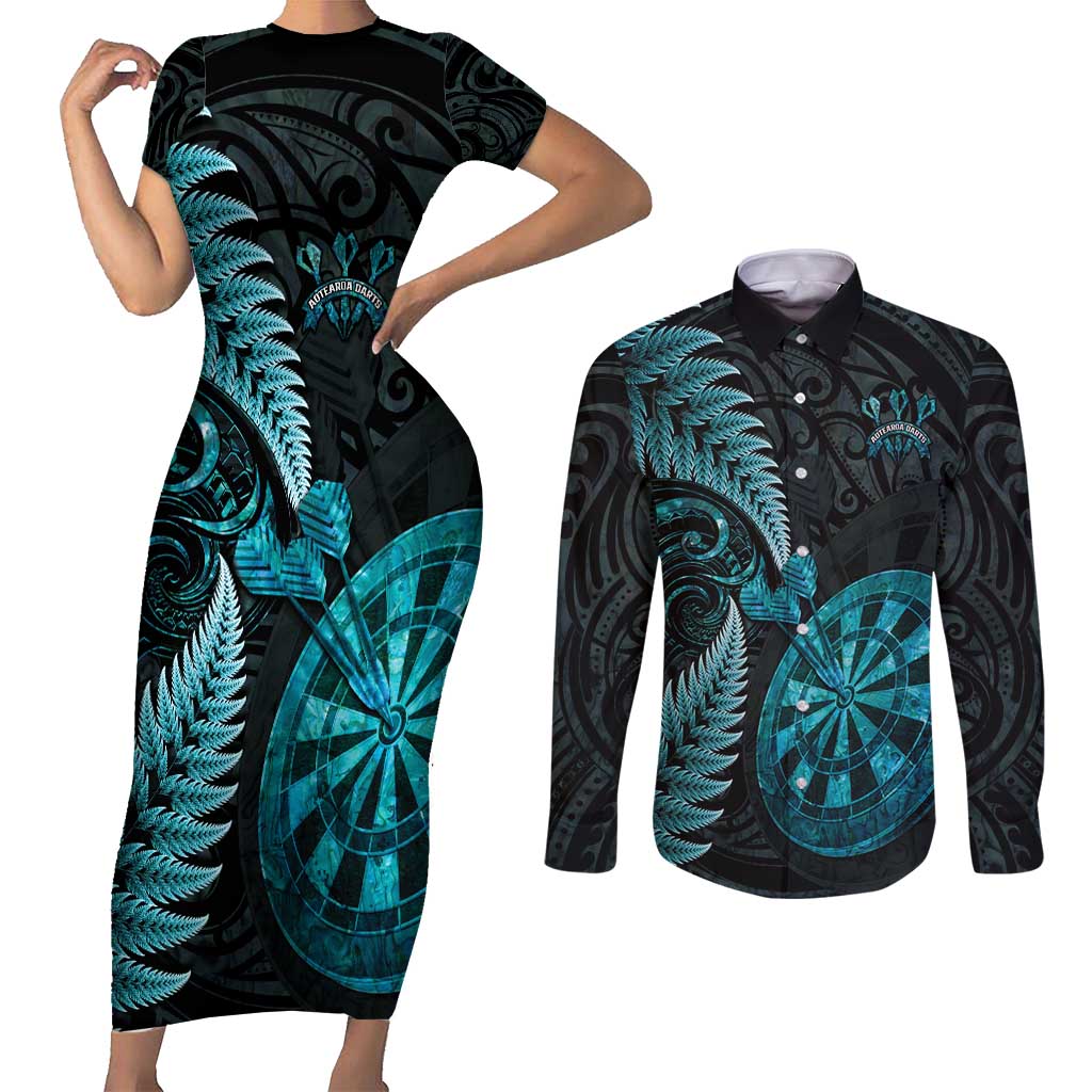 Personalised New Zealand Darts Couples Matching Short Sleeve Bodycon Dress and Long Sleeve Button Shirt Happiness Is A Tight Threesome Maori Paua Shell LT14 Turquoise - Polynesian Pride