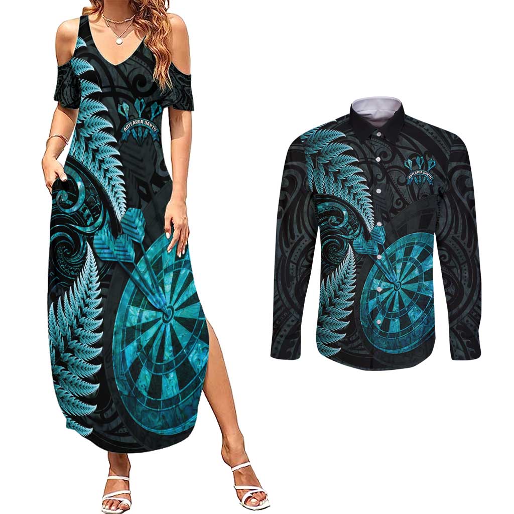 Personalised New Zealand Darts Couples Matching Summer Maxi Dress and Long Sleeve Button Shirt Happiness Is A Tight Threesome Maori Paua Shell LT14 Turquoise - Polynesian Pride