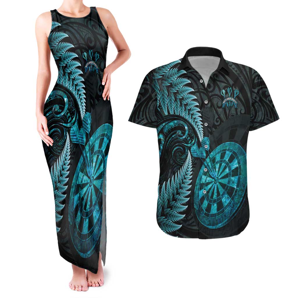 Personalised New Zealand Darts Couples Matching Tank Maxi Dress and Hawaiian Shirt Happiness Is A Tight Threesome Maori Paua Shell LT14 Turquoise - Polynesian Pride