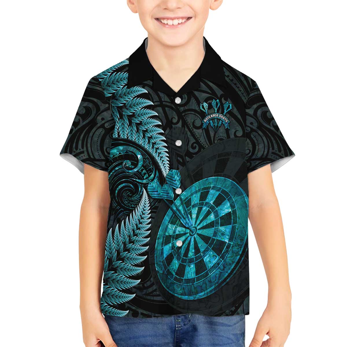 Personalised New Zealand Darts Family Matching Off The Shoulder Long Sleeve Dress and Hawaiian Shirt Happiness Is A Tight Threesome Maori Paua Shell