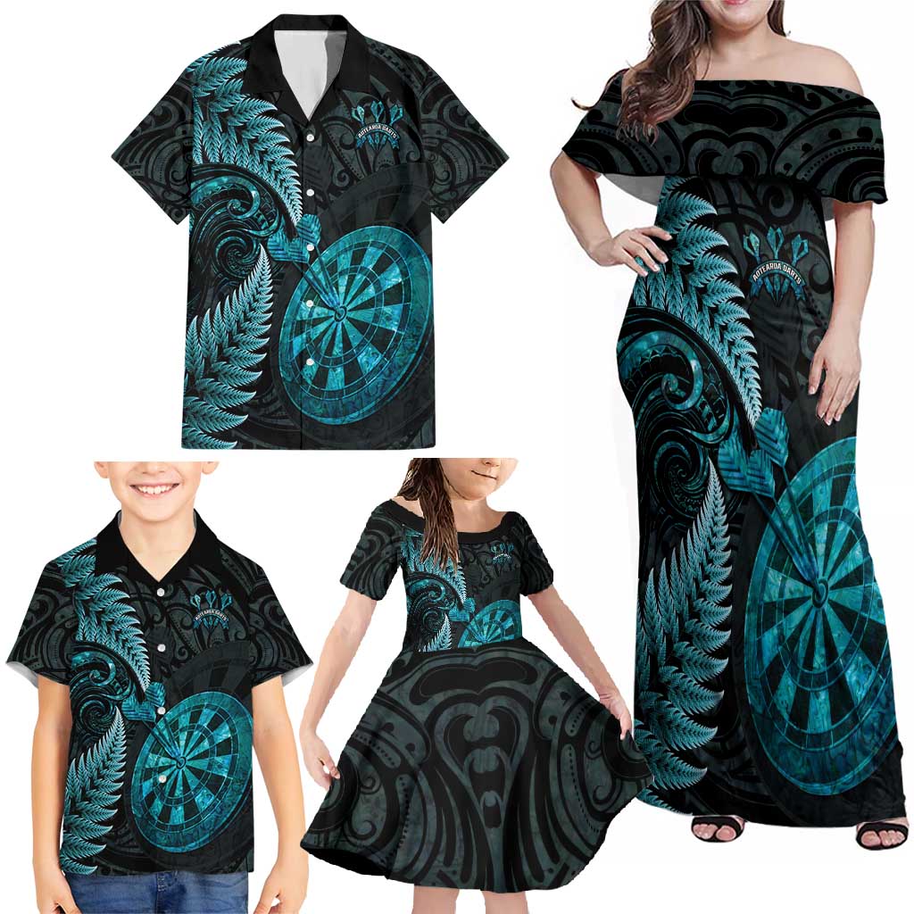Personalised New Zealand Darts Family Matching Off Shoulder Maxi Dress and Hawaiian Shirt Happiness Is A Tight Threesome Maori Paua Shell LT14 - Polynesian Pride