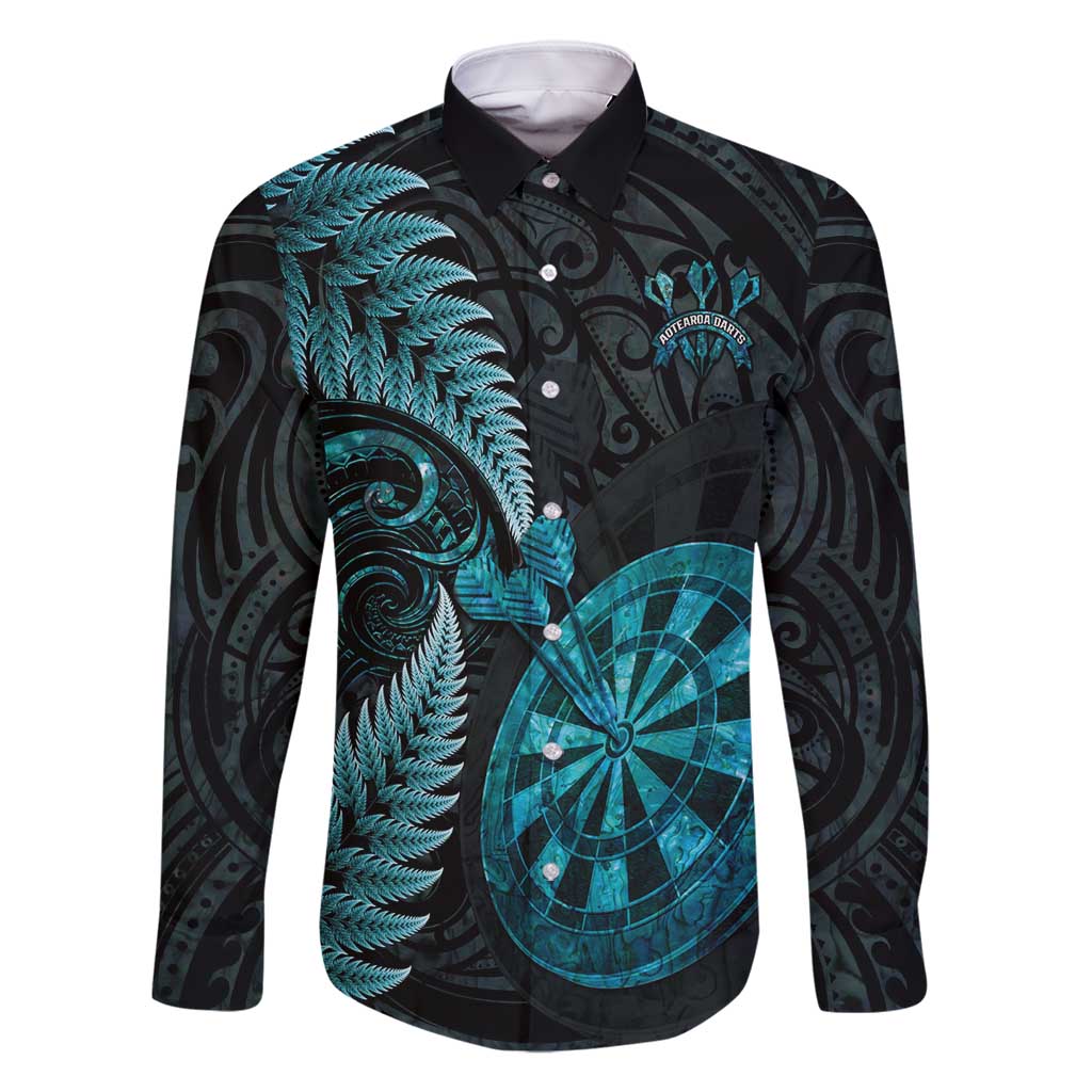 Personalised New Zealand Darts Family Matching Off Shoulder Short Dress and Hawaiian Shirt Happiness Is A Tight Threesome Maori Paua Shell LT14 Dad's Shirt - Long Sleeve Turquoise - Polynesian Pride