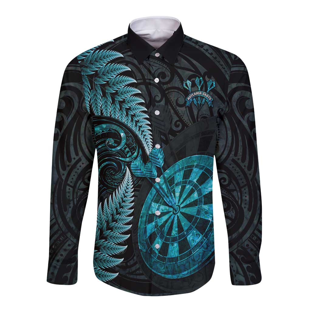 Personalised New Zealand Darts Long Sleeve Button Shirt Happiness Is A Tight Threesome Maori Paua Shell LT14 Unisex Turquoise - Polynesian Pride