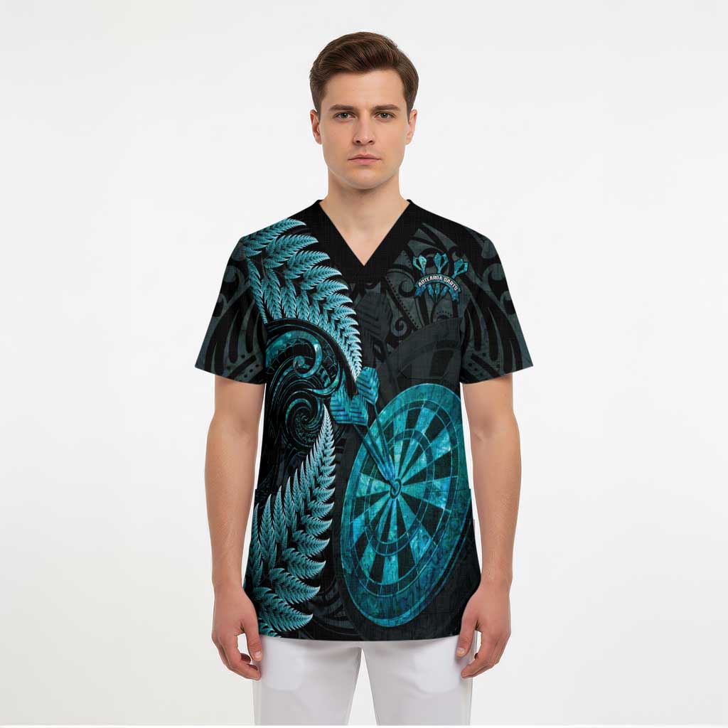 Personalised New Zealand Darts Scrub Top Happiness Is A Tight Threesome Maori Paua Shell - Polynesian Pride