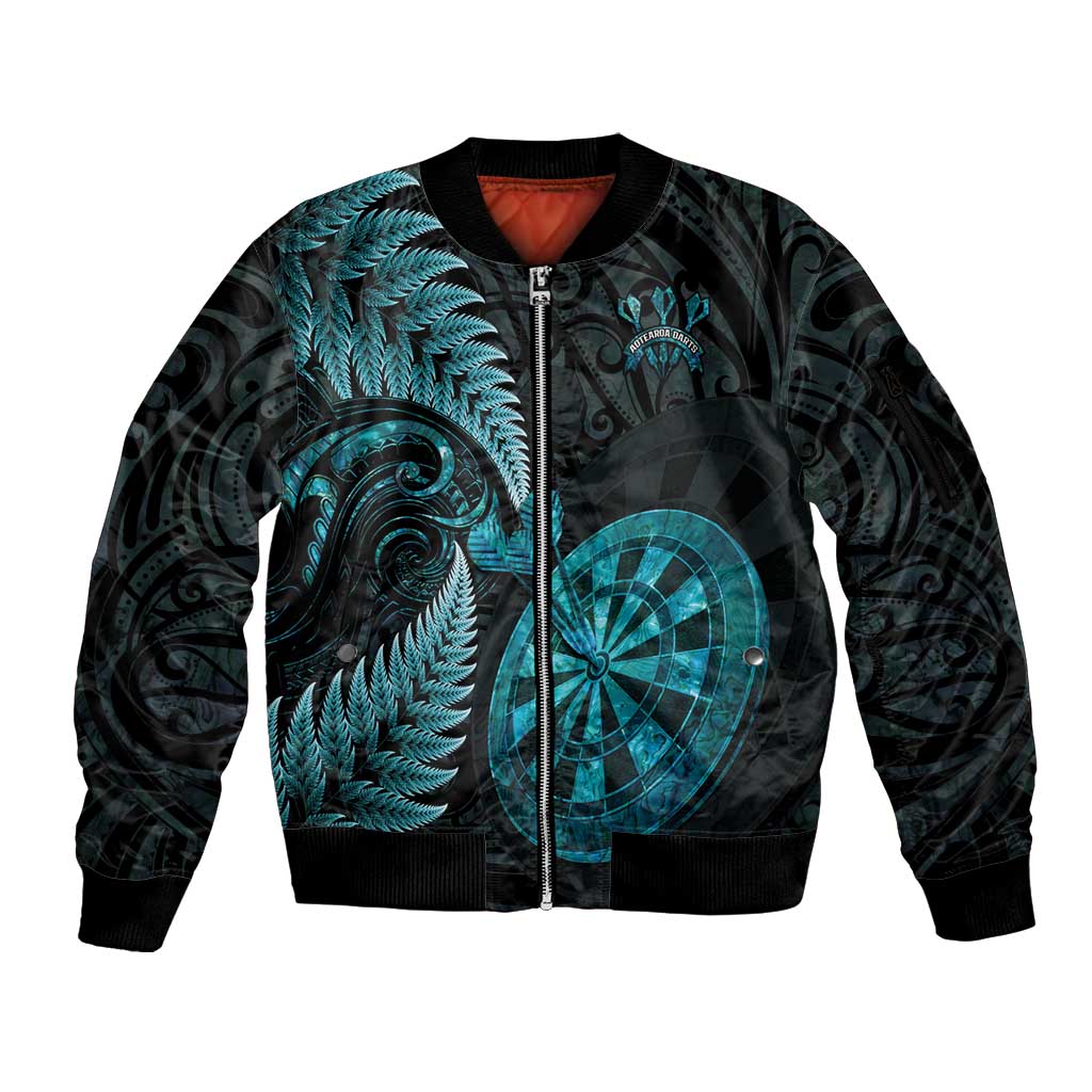 Personalised New Zealand Darts Sleeve Zip Bomber Jacket Happiness Is A Tight Threesome Maori Paua Shell