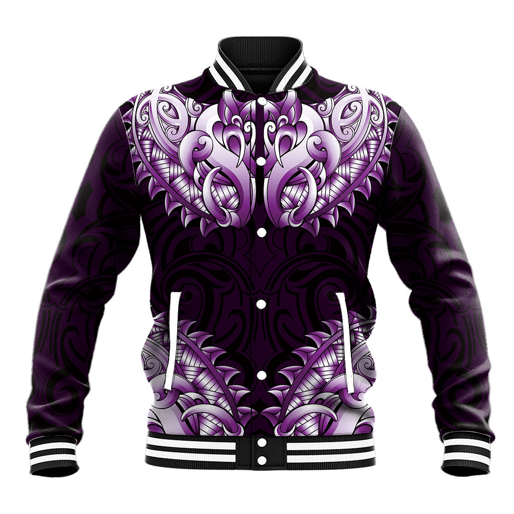 New Zealand Ta Moko Baseball Jacket Aotearoa Maori Chest Tattoo Purple