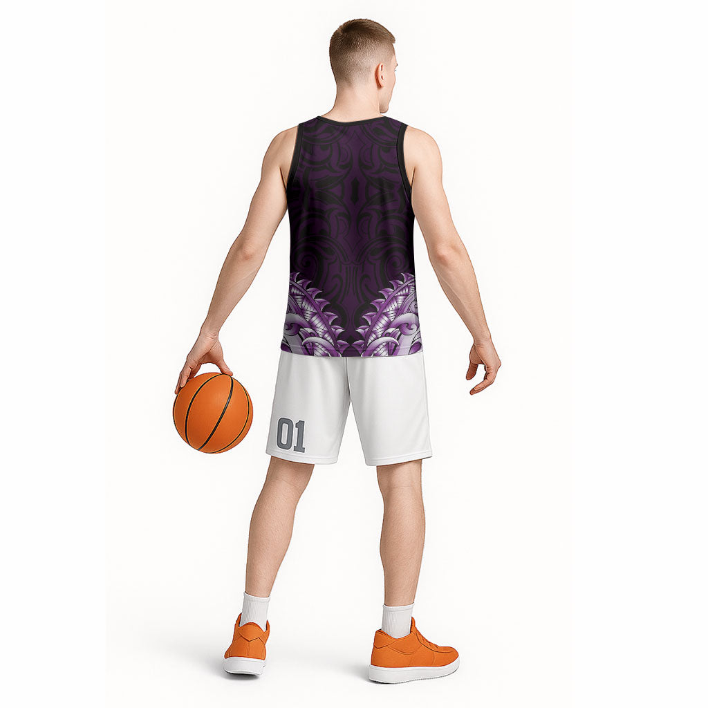 New Zealand Ta Moko Basketball Jersey Aotearoa Maori Chest Tattoo Purple