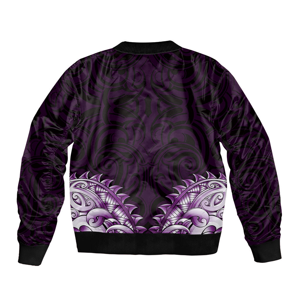 New Zealand Ta Moko Bomber Jacket Aotearoa Maori Chest Tattoo Purple