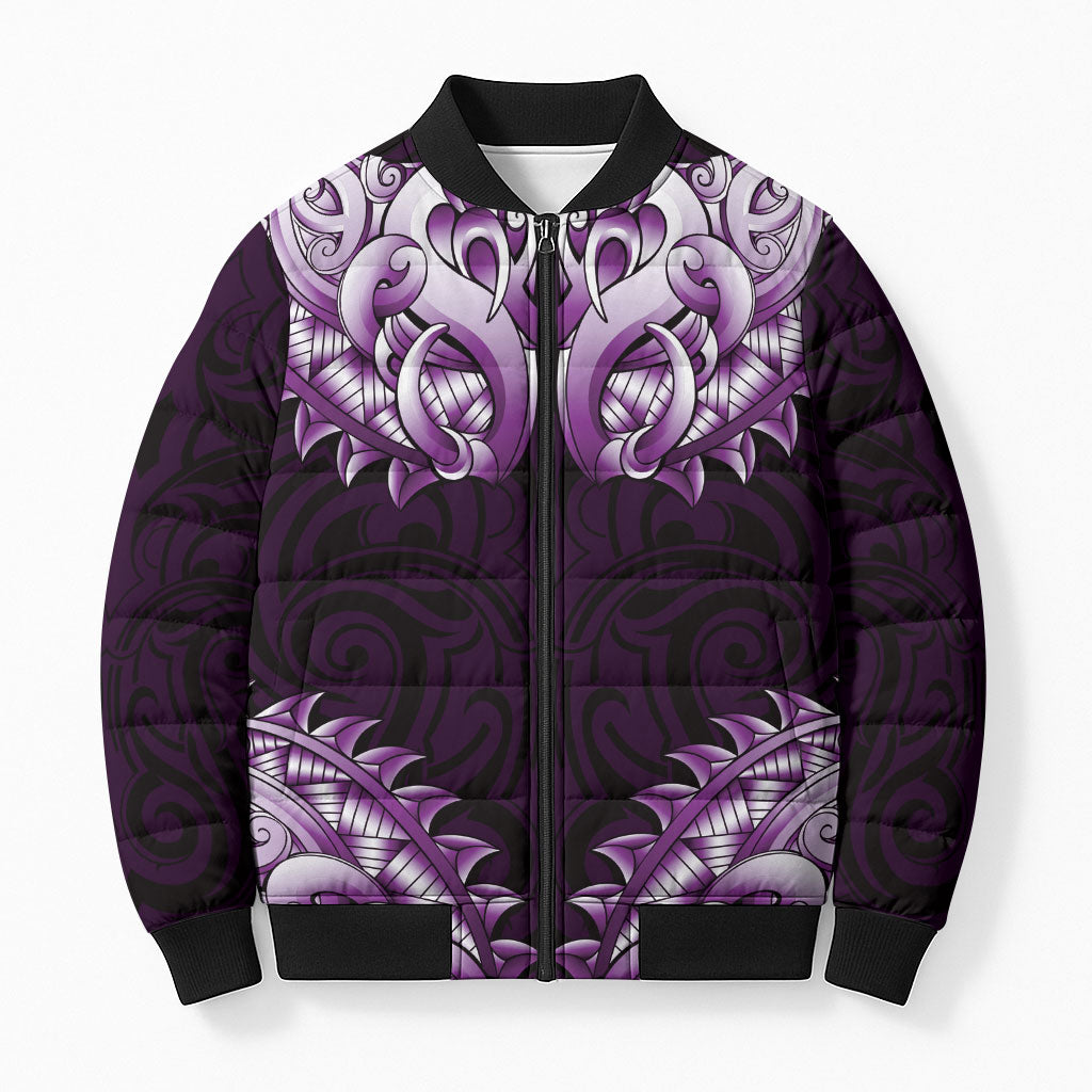 New Zealand Ta Moko Bomber Puffer Jacket Aotearoa Maori Chest Tattoo Purple