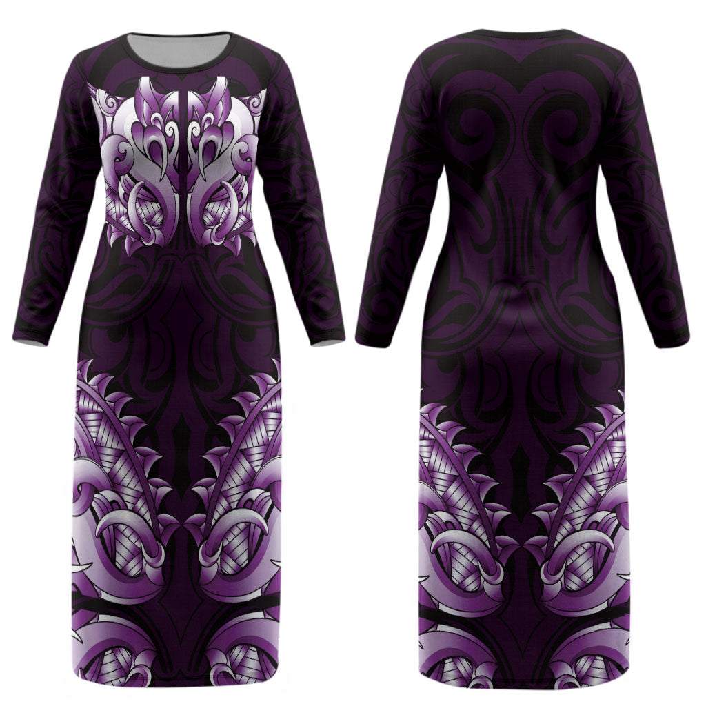 New Zealand Ta Moko Couples Matching Long Sleeve Bodycon Dress and Long Sleeve Button Shirt Aotearoa Maori Chest Tattoo Purple
