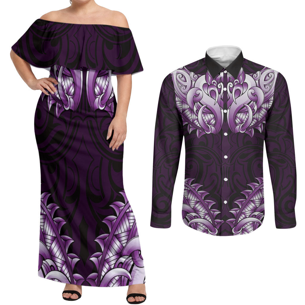 New Zealand Ta Moko Couples Matching Off Shoulder Maxi Dress and Long Sleeve Button Shirt Aotearoa Maori Chest Tattoo Purple