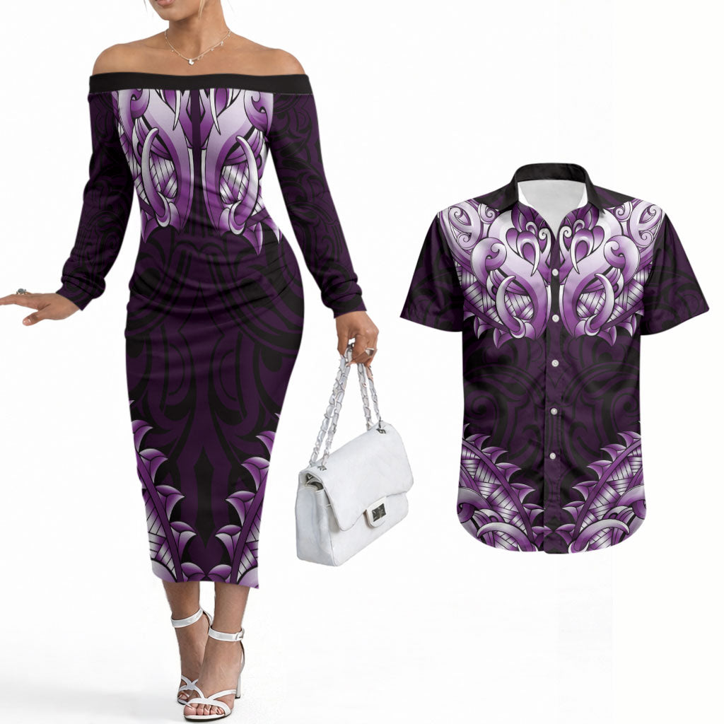 New Zealand Ta Moko Couples Matching Off The Shoulder Long Sleeve Dress and Hawaiian Shirt Aotearoa Maori Chest Tattoo Purple LT14 Purple - Polynesian Pride