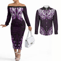 New Zealand Ta Moko Couples Matching Off The Shoulder Long Sleeve Dress and Long Sleeve Button Shirt Aotearoa Maori Chest Tattoo Purple