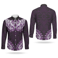 New Zealand Ta Moko Couples Matching Off The Shoulder Long Sleeve Dress and Long Sleeve Button Shirt Aotearoa Maori Chest Tattoo Purple