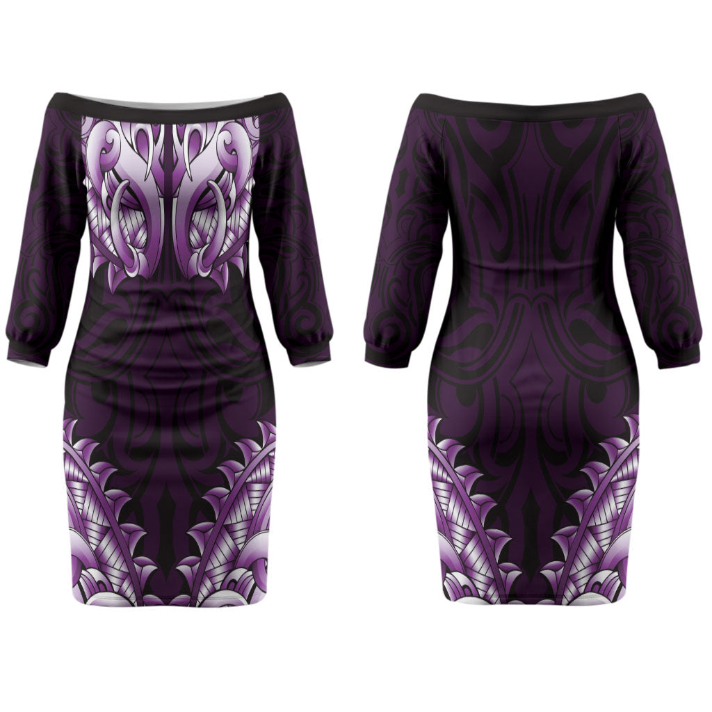 New Zealand Ta Moko Couples Matching Off The Shoulder Long Sleeve Dress and Long Sleeve Button Shirt Aotearoa Maori Chest Tattoo Purple