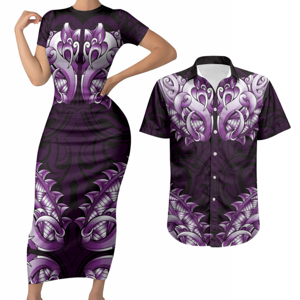 New Zealand Ta Moko Couples Matching Short Sleeve Bodycon Dress and Hawaiian Shirt Aotearoa Maori Chest Tattoo Purple
