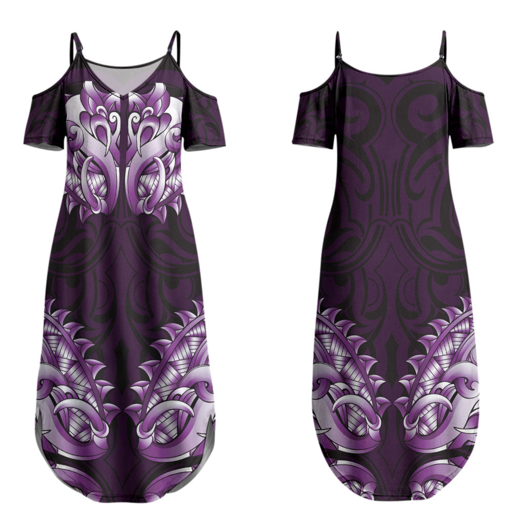 New Zealand Ta Moko Couples Matching Summer Maxi Dress and Hawaiian Shirt Aotearoa Maori Chest Tattoo Purple