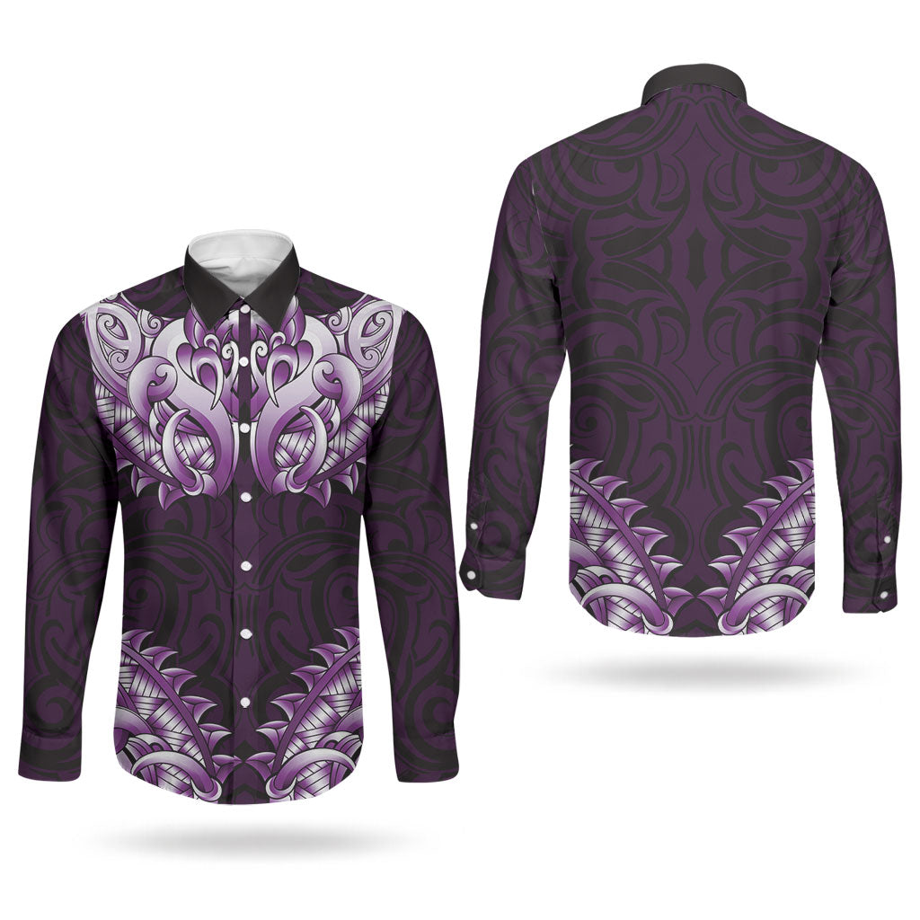 New Zealand Ta Moko Couples Matching Tank Maxi Dress and Long Sleeve Button Shirt Aotearoa Maori Chest Tattoo Purple