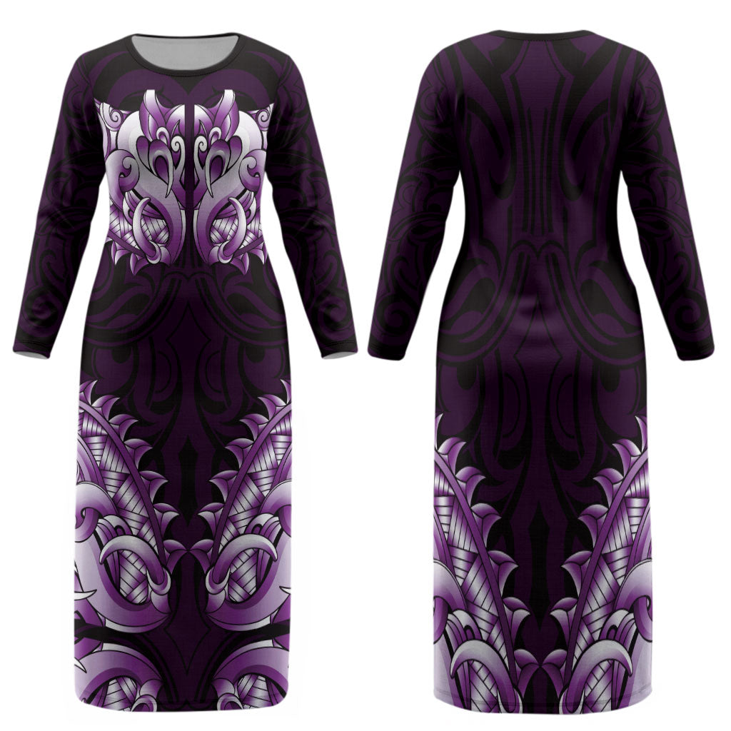 New Zealand Ta Moko Family Matching Long Sleeve Bodycon Dress and Hawaiian Shirt Aotearoa Maori Chest Tattoo Purple